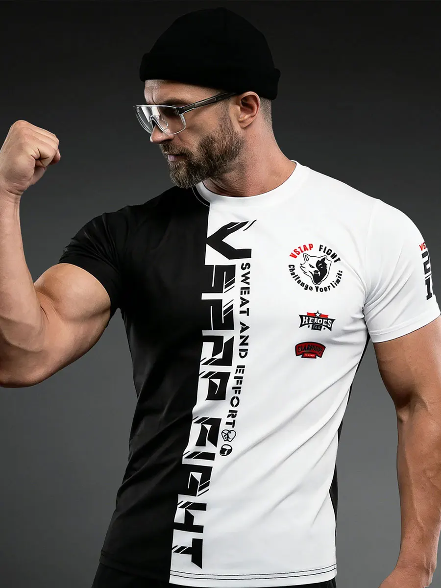 VSZAP Men's Quick Dry Digital 3D Print MMA T-Shirt Short Sleeve for Jujutsu Muay Thai Sanda Taekwondo Fight Training Top