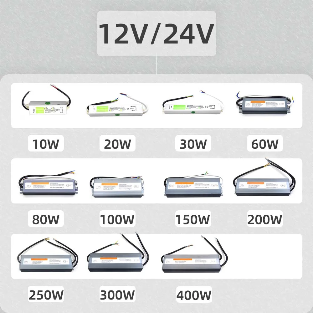 Waterproof Power Adapter DC 12V 24V 10W 60W 100W 250W 300W Lighting Transformers IP67~IP68 LED Driver For Outdoor Light Camera