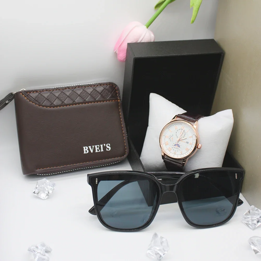 남성용 방수 진짜 석영 시계 세트, 투루 지갑 안경, 충격 방지 하이 퀄리티 패션, 3 개