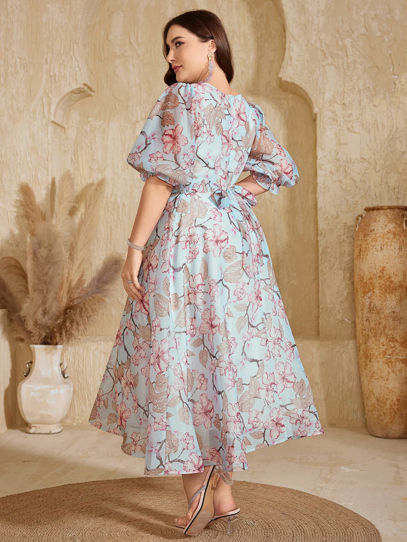 UNITHORSE – robe élégante en mousseline de soie, col rond, manches lanternes, imprimé Floral, avec perles à la taille, cravate, longueur au sol