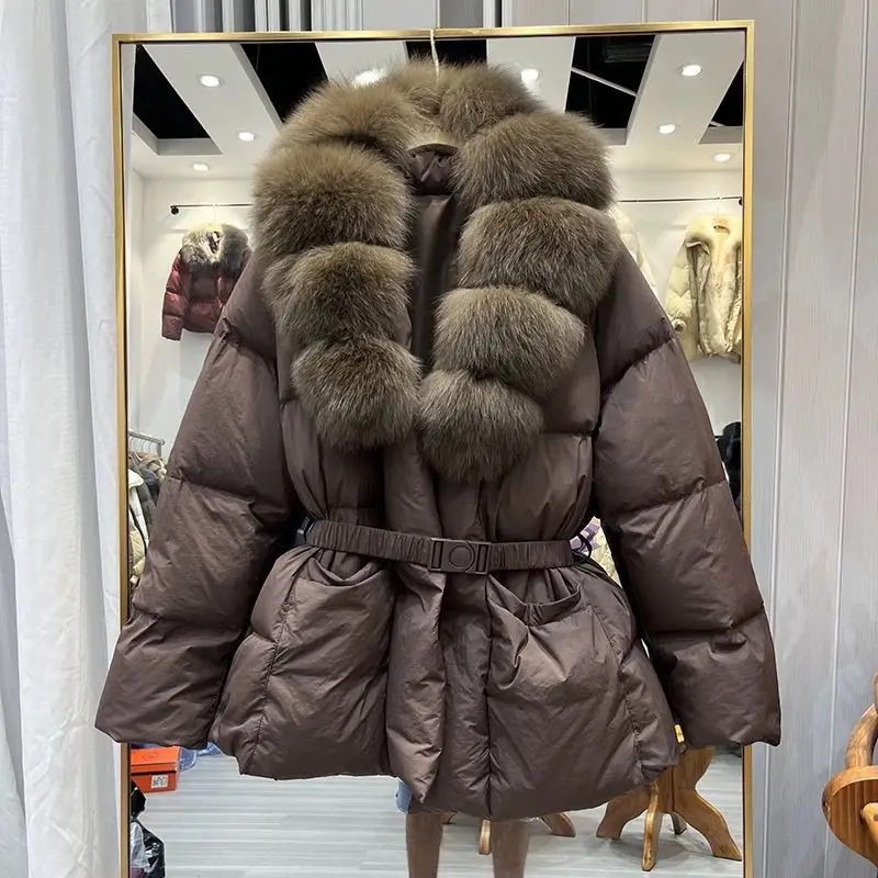 Luxury Fox Fur Collar Winter Warm Down Jacket Women Slim Loose Waistband Trend Fur Coat Short Puffer Jacket White Duck Down Top