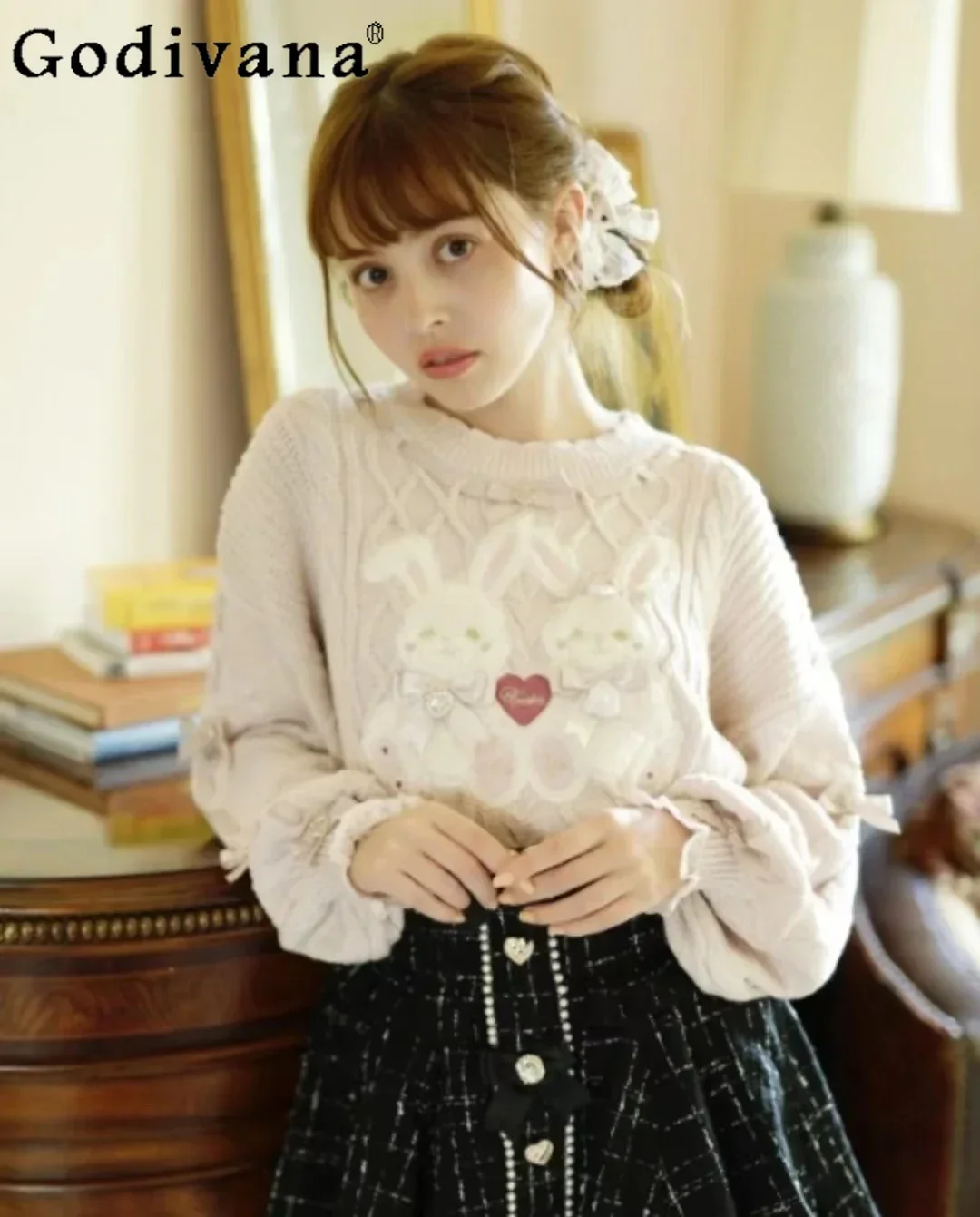 

Japanese Girl Sweet Cute Bow Rabbit Jacquard Pink Sweater Women's Autumn and Winter Mine Series Mass-produced Knitwear Pullovers