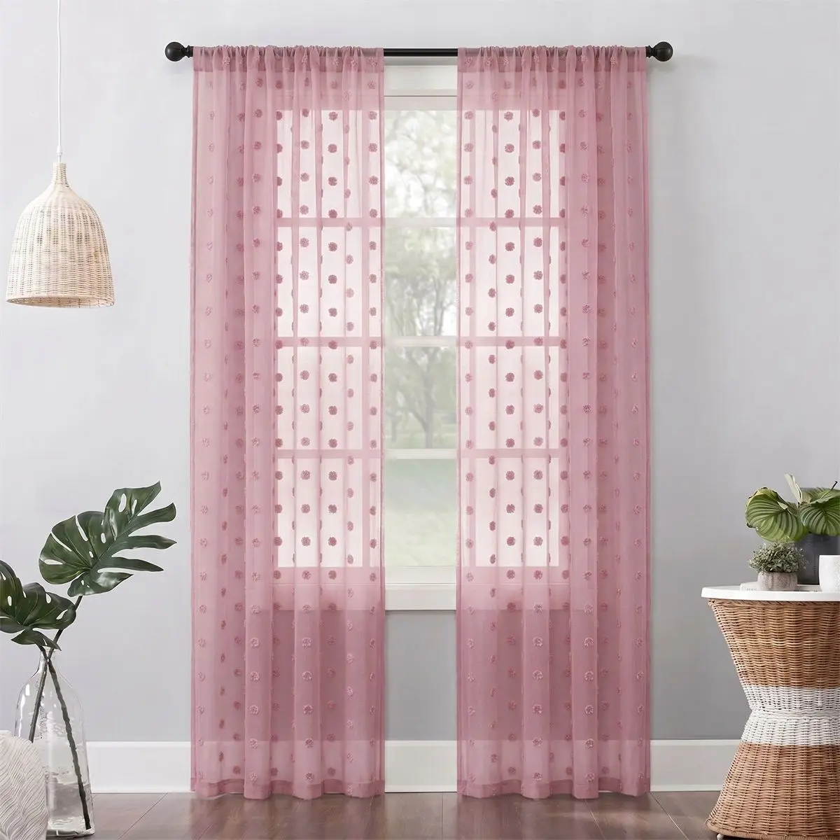 Peach Pink Pompom Sheer Curtain Rod Pocket Top 3D Pom Pom Jacquard Voile Curtain Light Filtering Soft Polyester Washable Sweet S