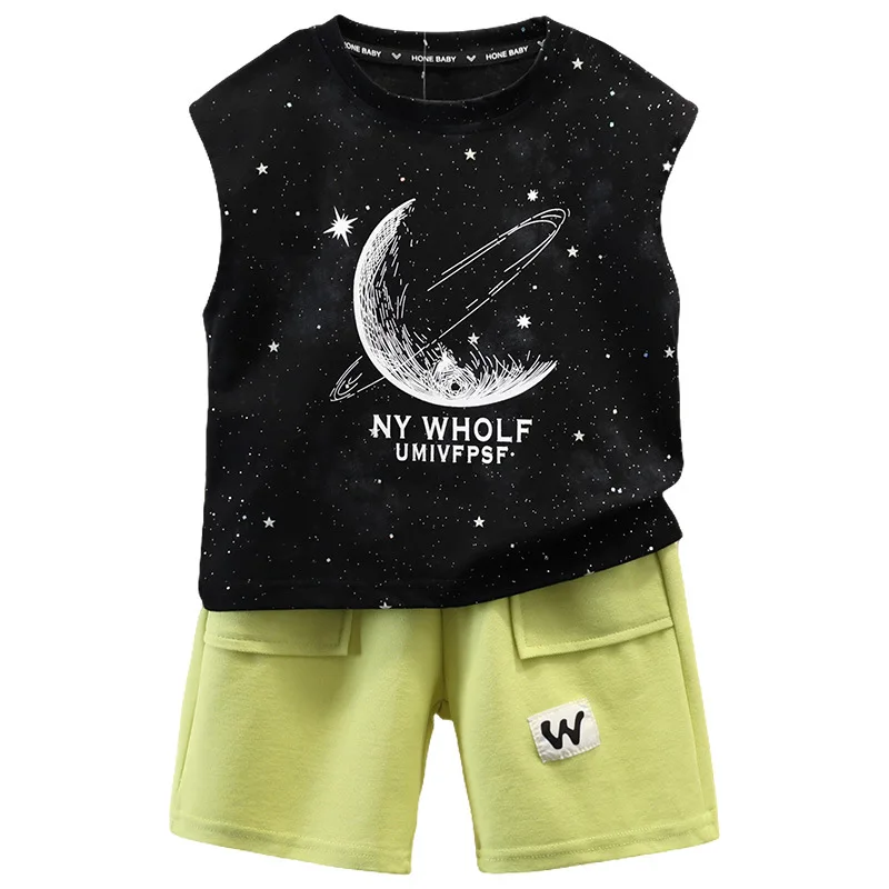 

Детский уличный костюм, удобный комплект для мальчиков, детская футболка без рукавов «Молочный путь» + шорты, комплект из 2 предметов, летний хлопковый модный костюм, От 2 до 11 лет