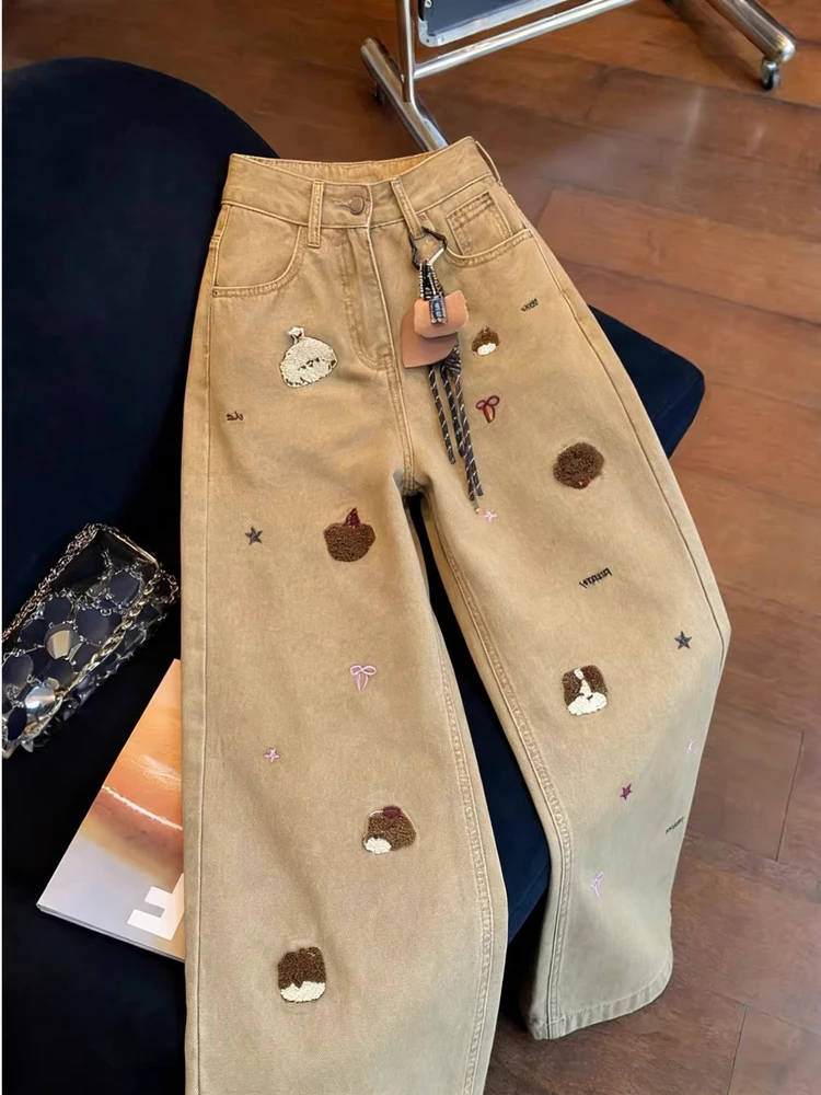 

Retro Bear Embroidery High Waist Slim Straight Wide Leg Jeans Women's Casual Loose Fit Denim Pants Spring New Style Khaki