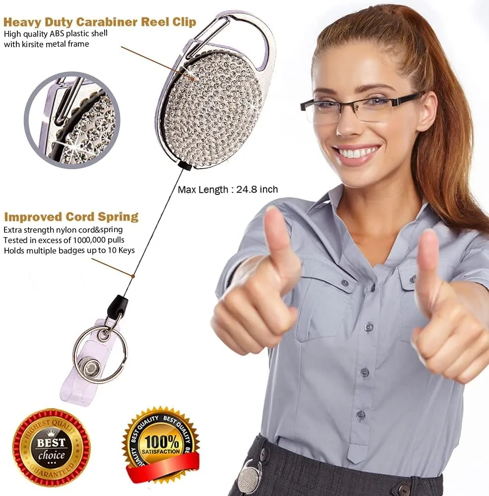 3 Pack Retractable Badge Reels Holder Anti Lost Bling Rhinestones Yoyo Keychain for Office Worker Doctor Nurse Name Tag Clip