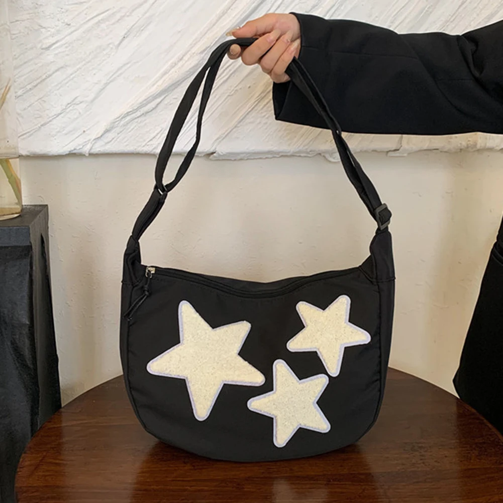 Women Canvas Messenger Bag Adjustable Strap Star Shoulder Bag Soft Crossbody Sling Bag Pentagram Satchel Bag Slouchy Travel Bag