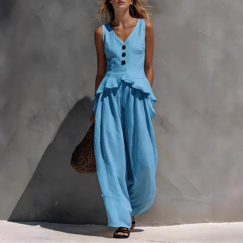 Spot Cross-border European and American Summer Fashion Sleeveless Twist Button V-neck Ruffle Edge Vest+hanging Wide Leg Pants