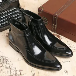 Pointy Genuine Leather Men's Ankle Boots Black Men Burgundy Dress Boots Zipper Formal Men Shoes Chelsea Boots High Qualiti