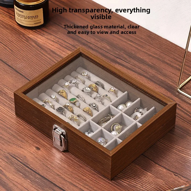 Modern Minimalist Black Walnut Patterned Jewelry Box with Lid Dustproof Storage Organizer for Earrings Rings Bracelets Necklaces