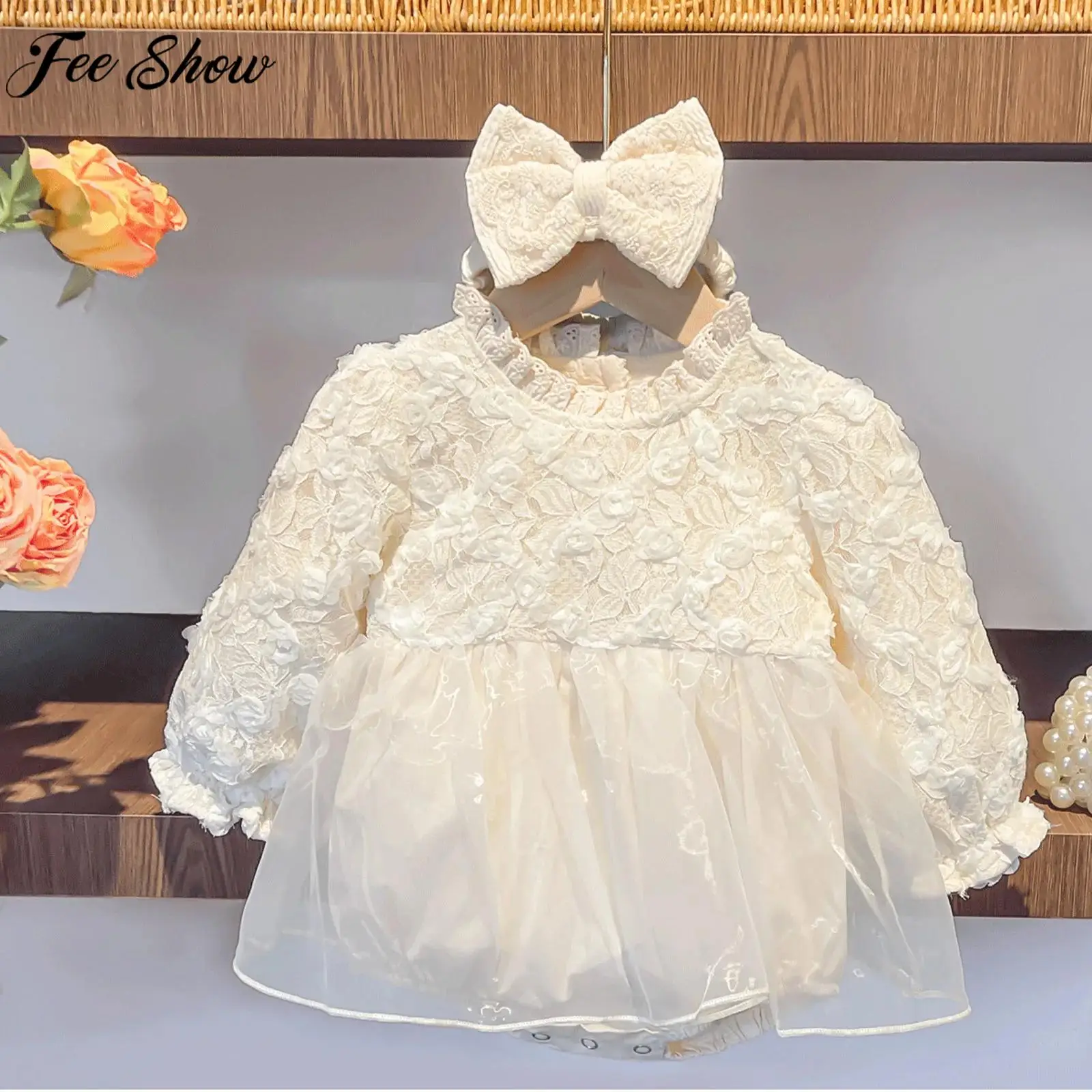 

Комбинезон для крещения и дня рождения для маленьких девочек, платье принцессы с длинными рукавами, милое кружевное тюлевое боди с цветочным принтом и повязкой на голову