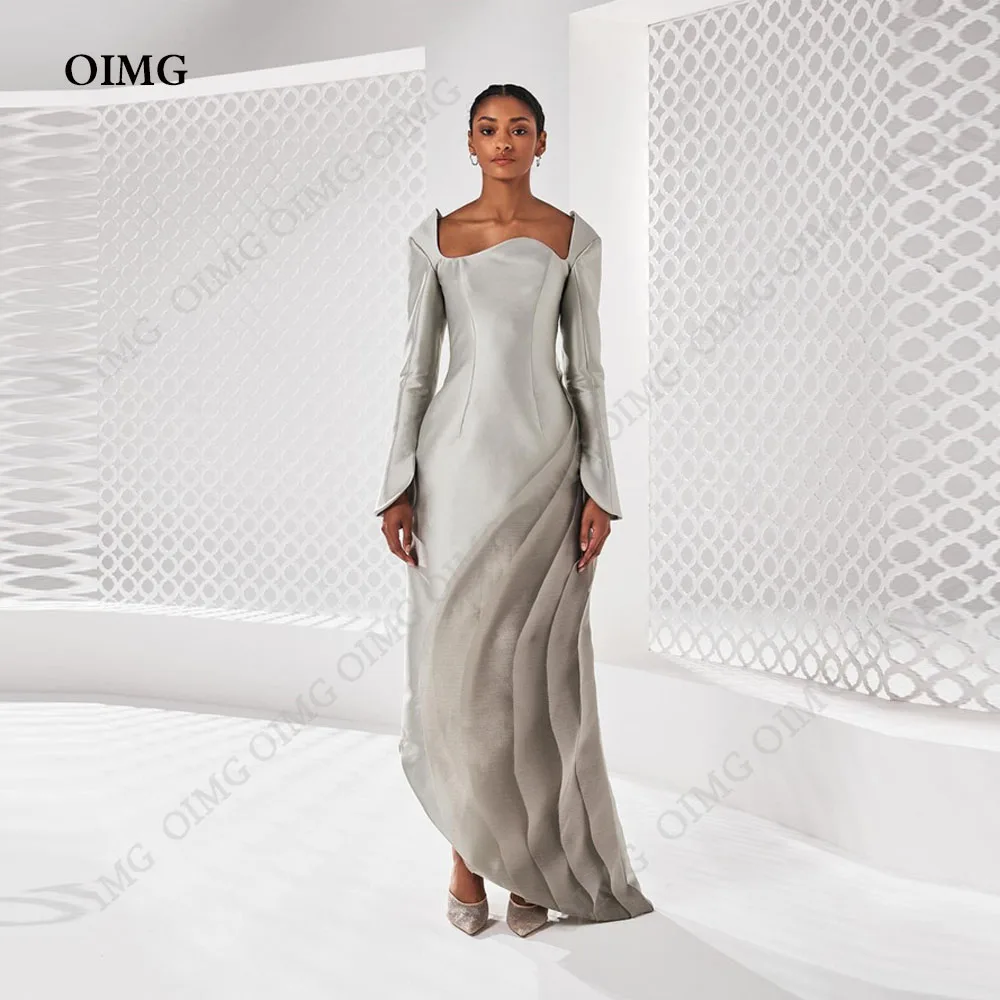 

OIMG Dark Sliver 2024 Strapless Tiered Evening Dress Arabic Ruched Satin Full Sleeves Beach Custom Formal Event Party Prom Gowns