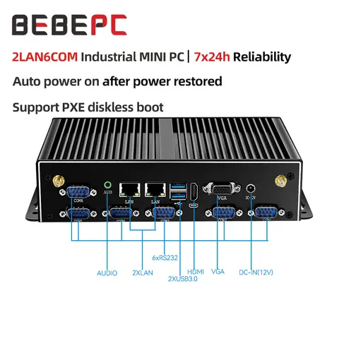 BEBEPC Mini PC industrial sin ventilador i7-5500U 2xGigabit LAN 6xRS232 4xUSB3.0 2xUSB2. Soporte WiFi 4G LTE Linux Computadora Win10 Ready