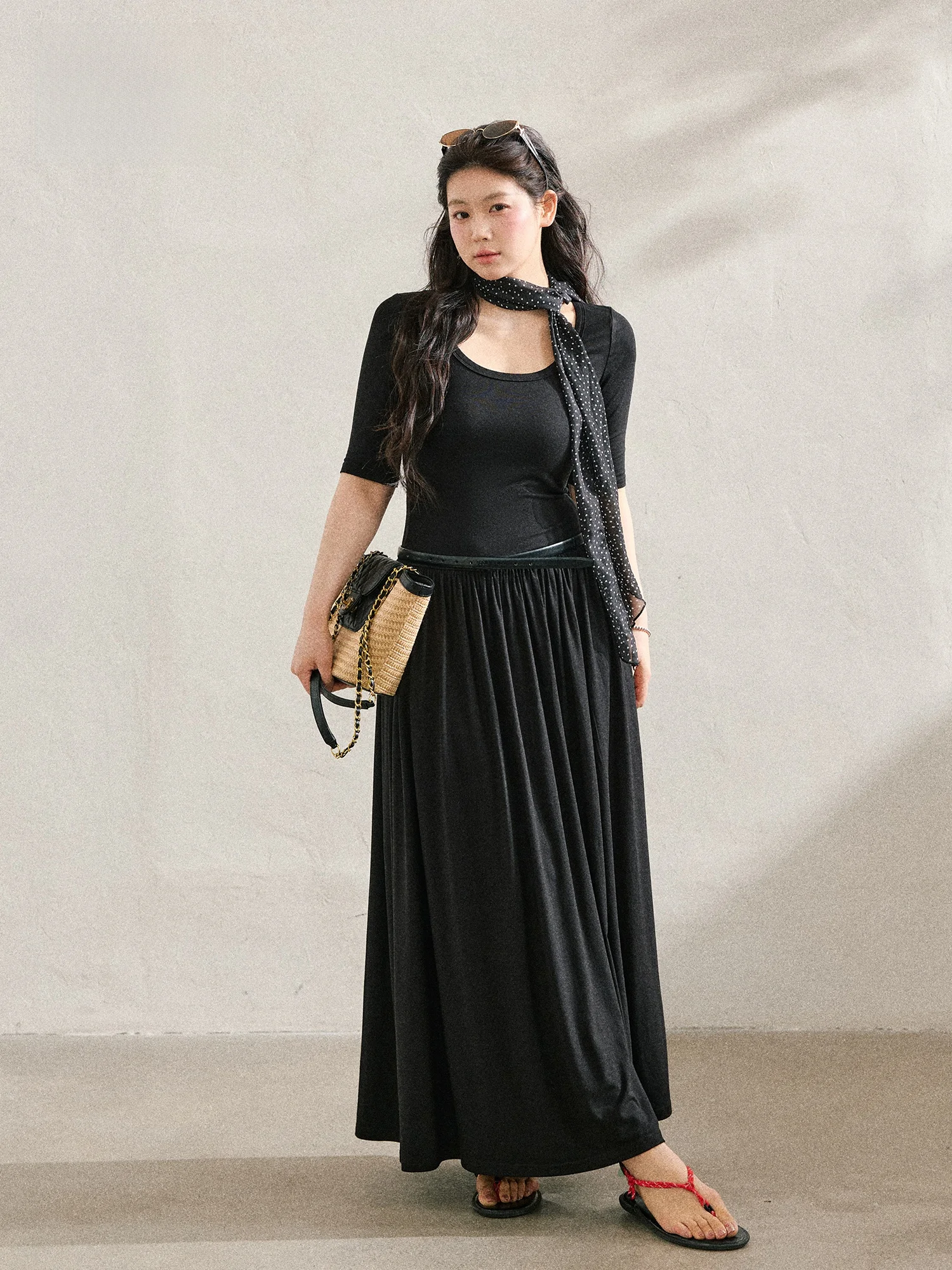 

Женское черное длинное платье свободного кроя больших размеров Zhang Da, летнее, новое, в корейском стиле, с завышенной талией, фасон «футболка»