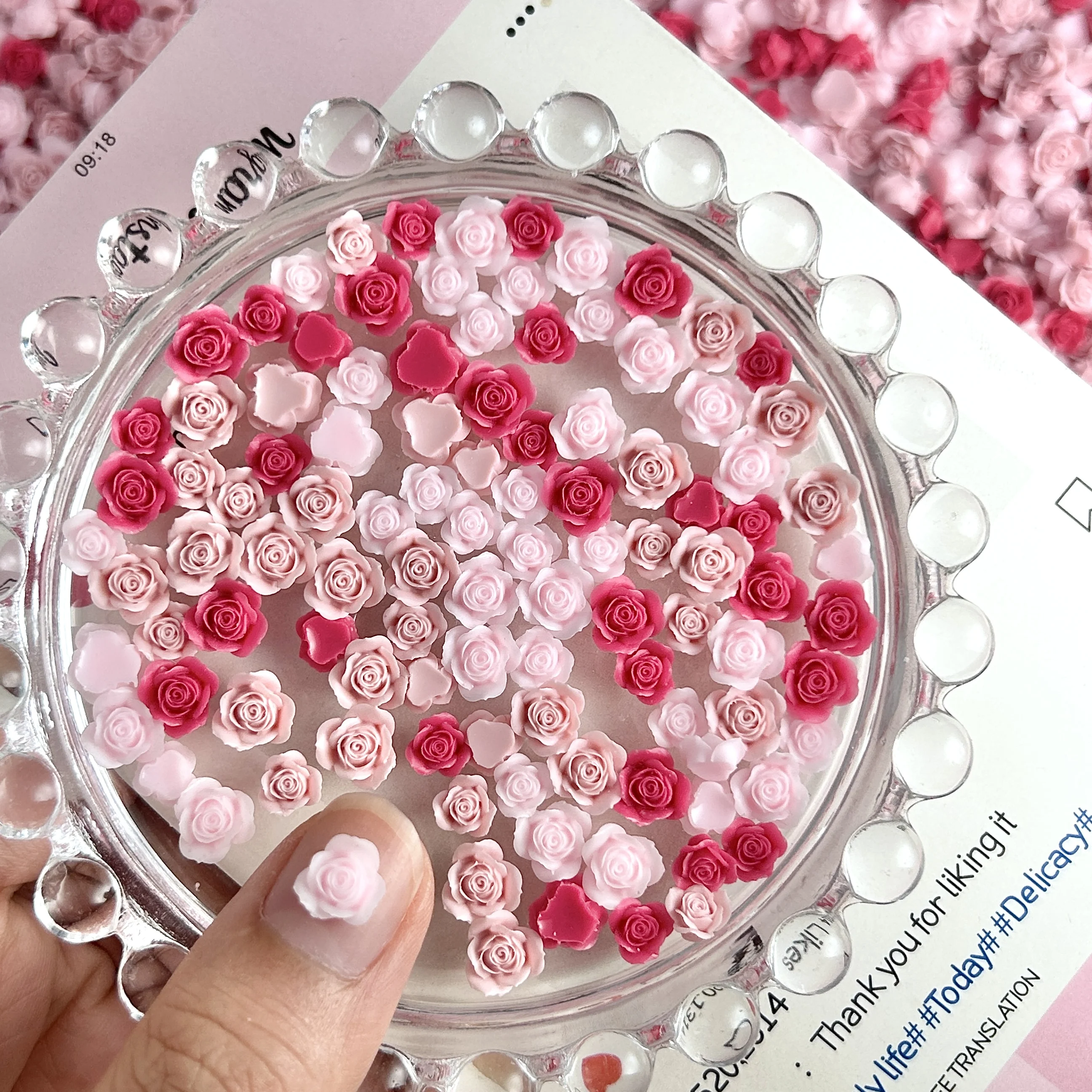 60PCS Macaron Colored Creative Triangle Rose Resin Nail Charms Mini Adorable Blossoms Nail Art Decorations for DIY Earring Nails