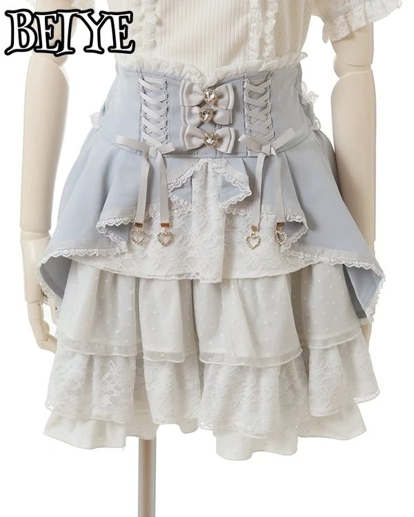 

Japanese High Waist Drawstring Slim-Fit Cute Sweet Lolita Skirt Women Multi-Layer Lace Bow Cake Skirts Summer New Pleated Skirt