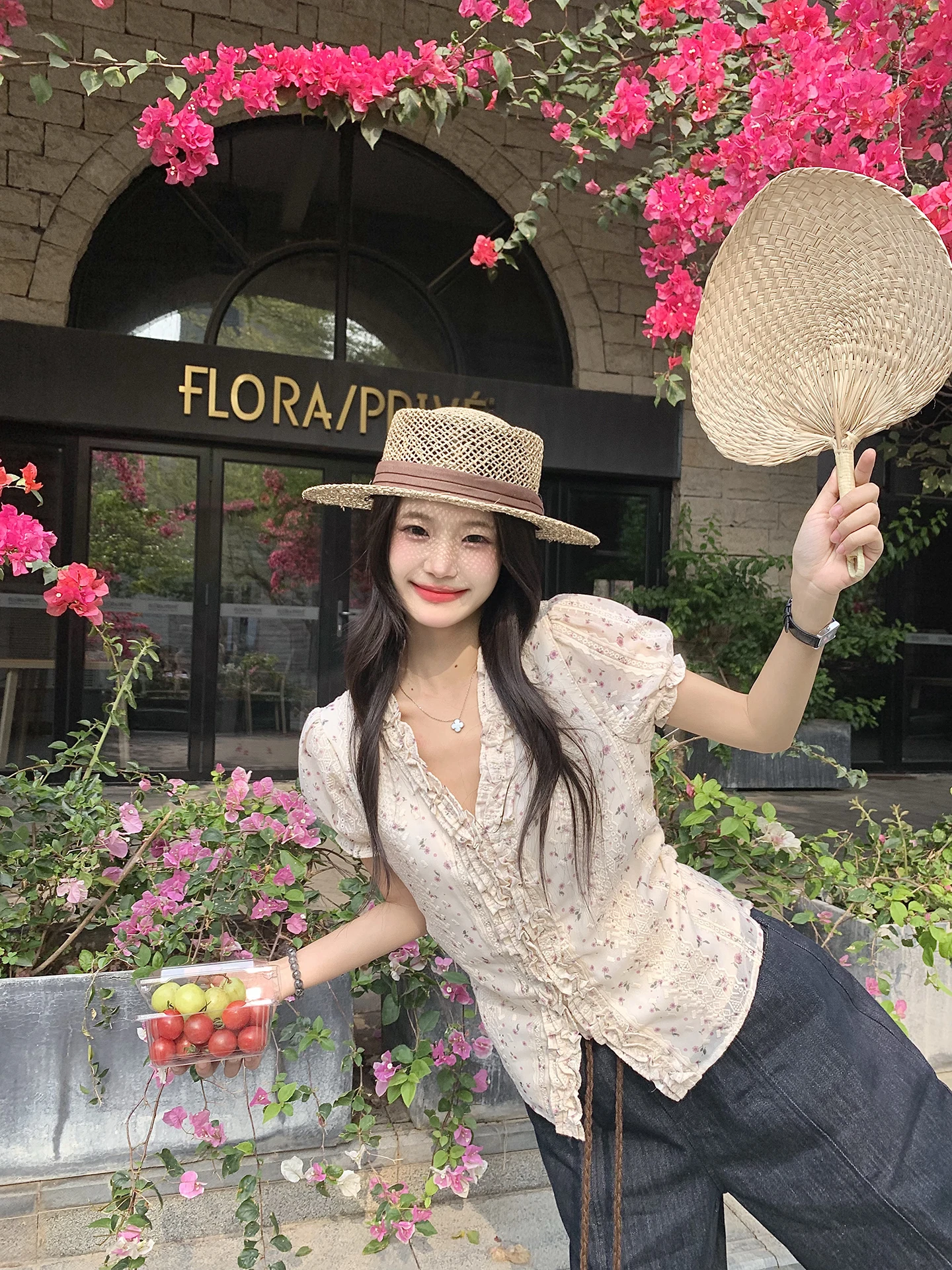 

Floral Print Casual ort Sve V-Ne Women's irt Spring Summer Slimming Korean Sle Commute Faion Polyester Fiber