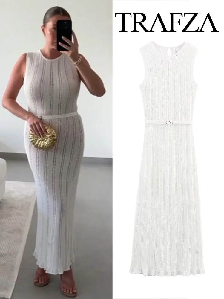 

TRAFZA Women Summer Fashion Crew Neck Hollow Jacquard With Belt Sleeveless Dress Female New Elegant Slim Knitted Midi Long Dress