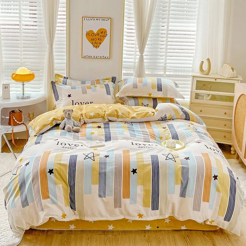 Colorful Stripes Duvet Cover Full King Size Geometric Lines Comforter Cover with 2 Pillowcase Cotton Reversible Star Bedding Set