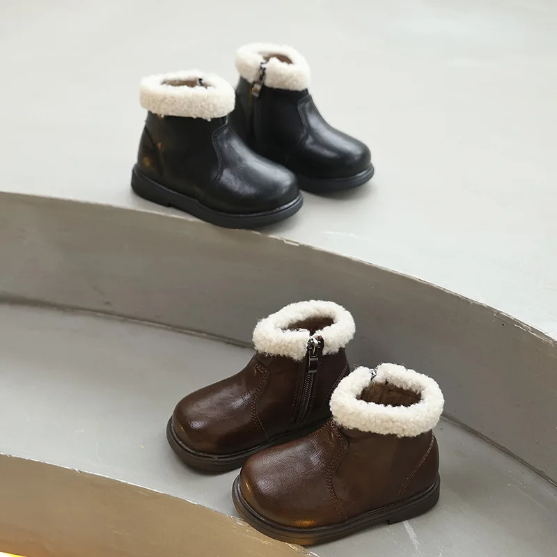 

Зимние сапоги для девочек, новые зимние детские модные ботильоны, нескользящие теплые пушистые детские повседневные плюшевые ботинки, простые однотонные ботинки