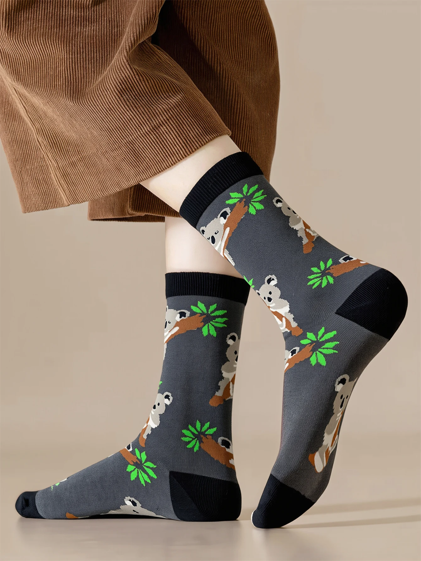 1 Pairs Men's Cute Funny Koala Print Cotton Socks Soft Forest Animal Pattern Mid-Calf Socks For Men Street Skateboard Socks