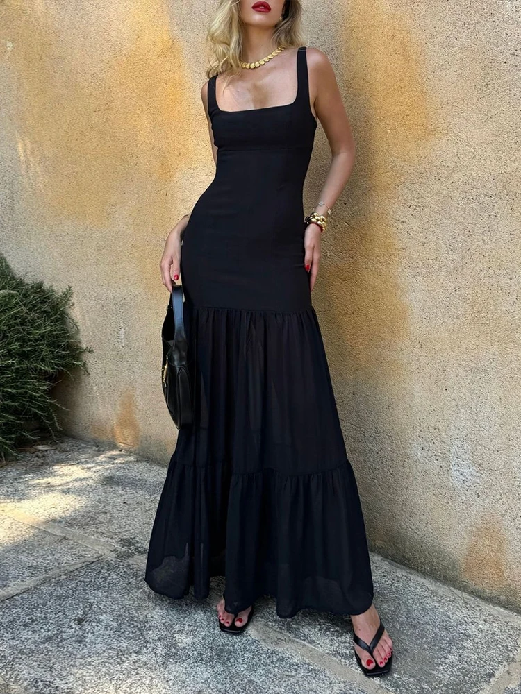 Cutenew – Robe Maxi plissée à volants pour femmes, Patchwork, classique, col carré, sans manches, gaine, élégante, vêtements de rue, nouvelle collection