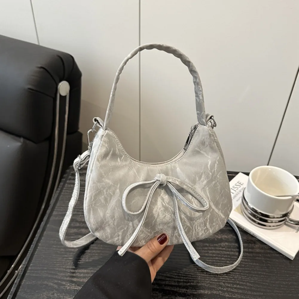 

Large Capacity Bow Shoulder Bag Lace Pearl Pendant Solid Color PU Hobo Bag Handbag Fashion Design French Style Handbag