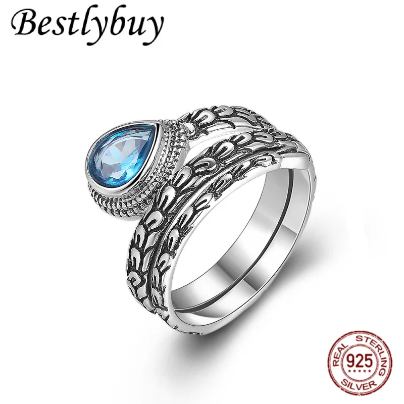 

NEW 925 Sterling Silver Men's And Women's Retro Inlaid Water Droplet Shaped Blue Zircon Multi Circle Fashionable Ring