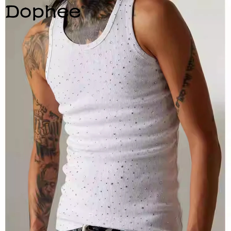 

Men's 2025 Summer New Slim Solid Color Sleeveless Vests Hot Diamond Starry Sky Fashion Tops Men's Round Neck Pullover Tank Tops