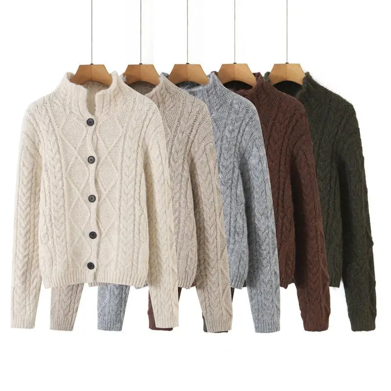Maxdutti Nordic Minimalist Retro Collar Twisted Flower Knitted Cardigan Sweater Jacket Women's Sweaters Woman Clothes Winter