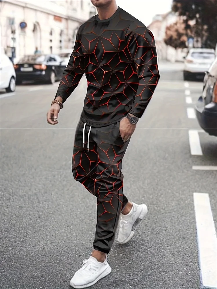 Poker Print Men's Round Neck Long Sleeve T-shirt And Pants Set Fashion Trend Casual Men's Long Sleeve And Loose Pants 2 Sets