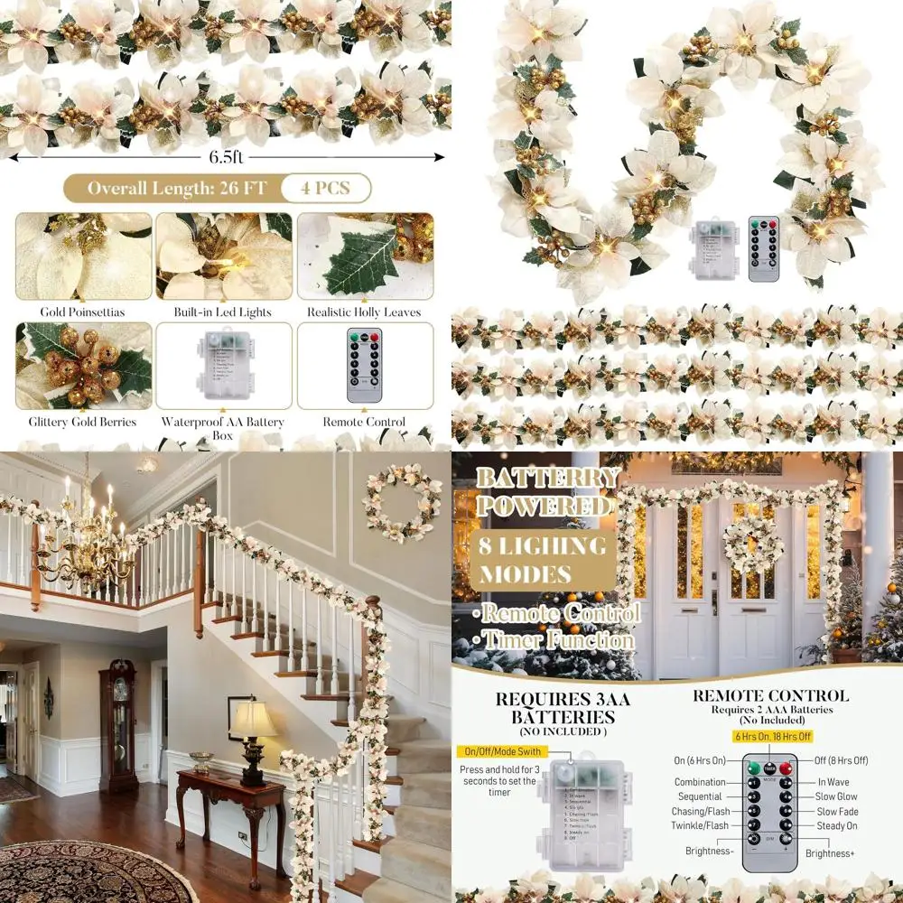

Гирлянда из пуансеттии цвета шампанского с 8 режимами освещения, питание от батареи, 6,5 футов, для рождественского декора в помещении и на открытом воздухе