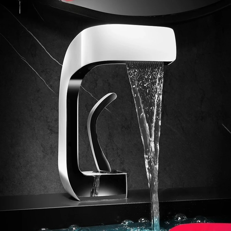 

White minimalist waterfall art bathroom toilet basin All copper hot and cold single hole faucet Wash basin Bathroom