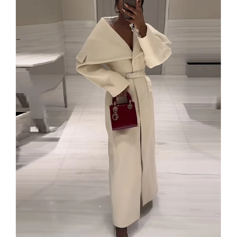 معطف نسائي طويل جديد لخريف 2025 بأكمام طويلة مع حزام وطية صدر السترة معطف صوفي ملابس خارجية نسائية #1