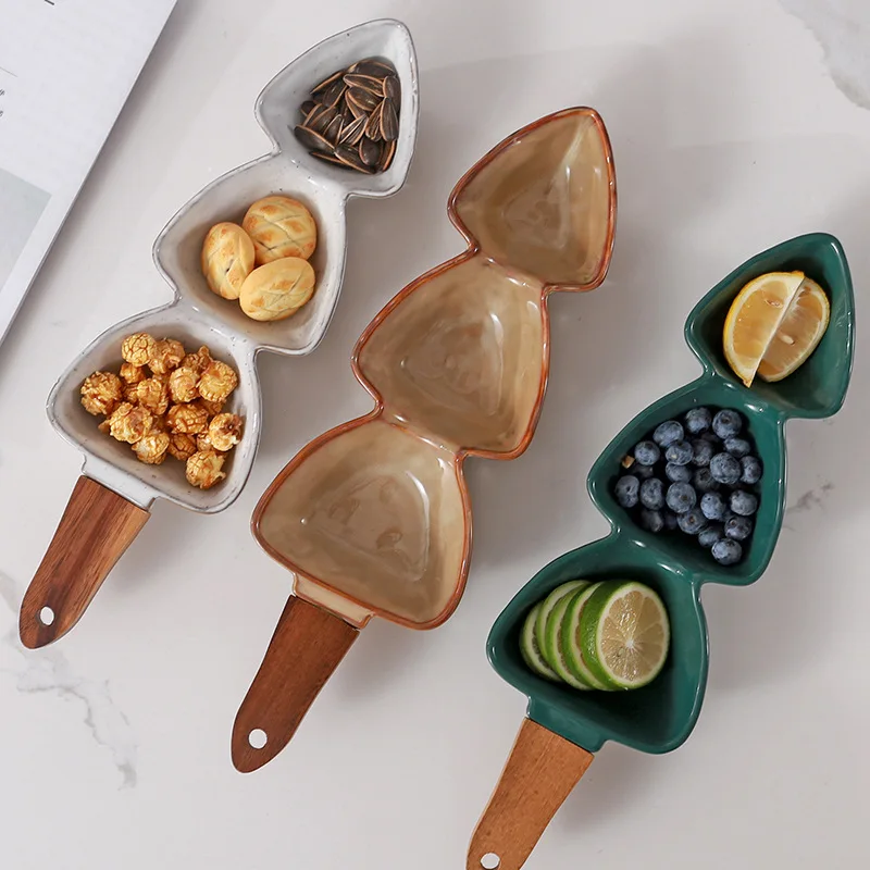 

European Ceramic Bowl with Bamboo Handle, Instagram Style Dried Fruit Snack Plate, Commercial Use Display Christmas Bowl