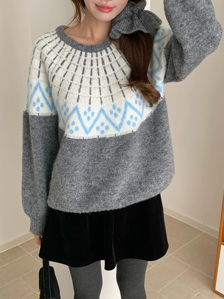 

Fair Isle Sweater Women Autumn Winter Jacquard Long Sleeve Knitted Tops Soft Loose Casual Pullovers with Hair Ring