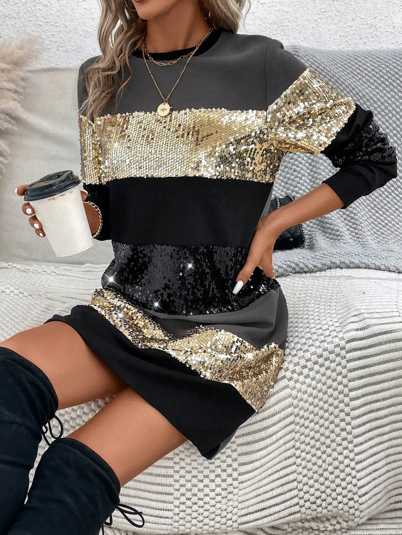 Women\'s Color Block Contrast Sequin 2023 Elegant Clothing Party Night Long Sleeve autumn Tee Colorful Evening Dress