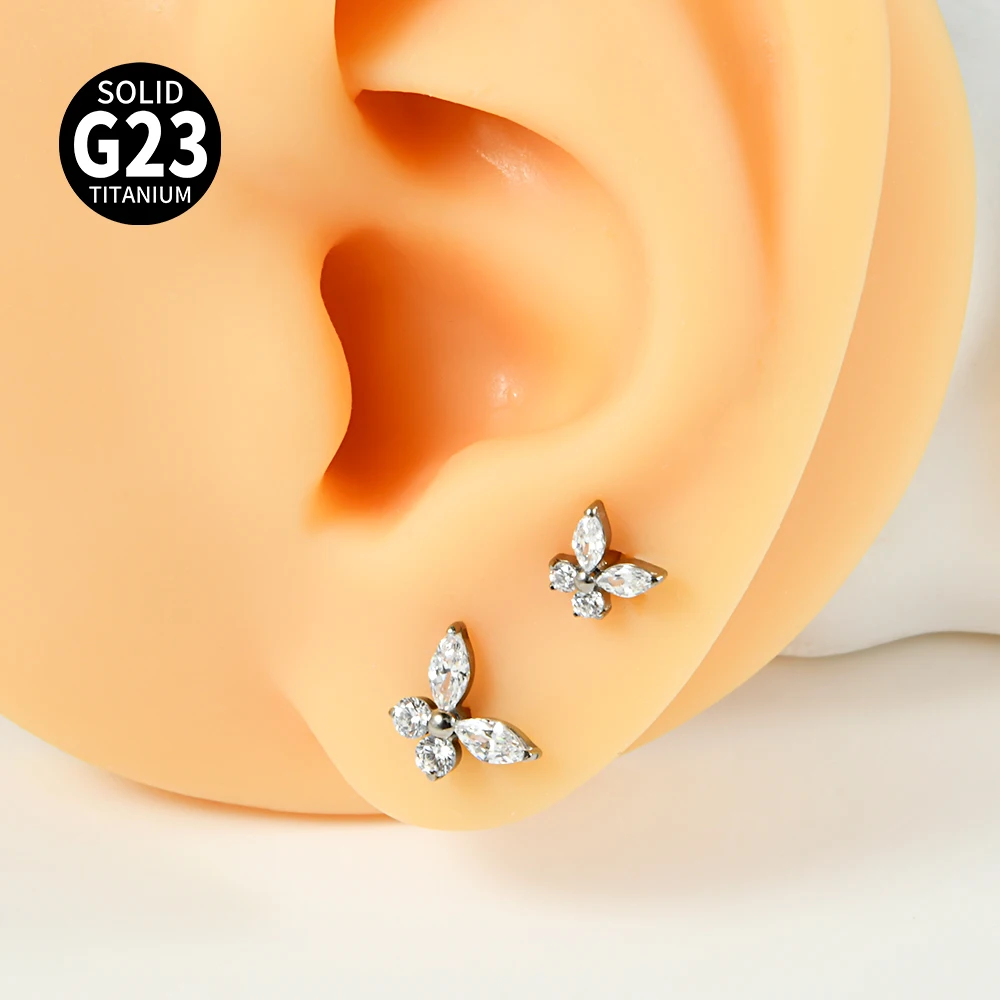 1PC orecchini a forma di farfalla in titanio zircone Labret Lip Studs filo interno cartilagine Tragus Helix Piercing gioielli per le donne