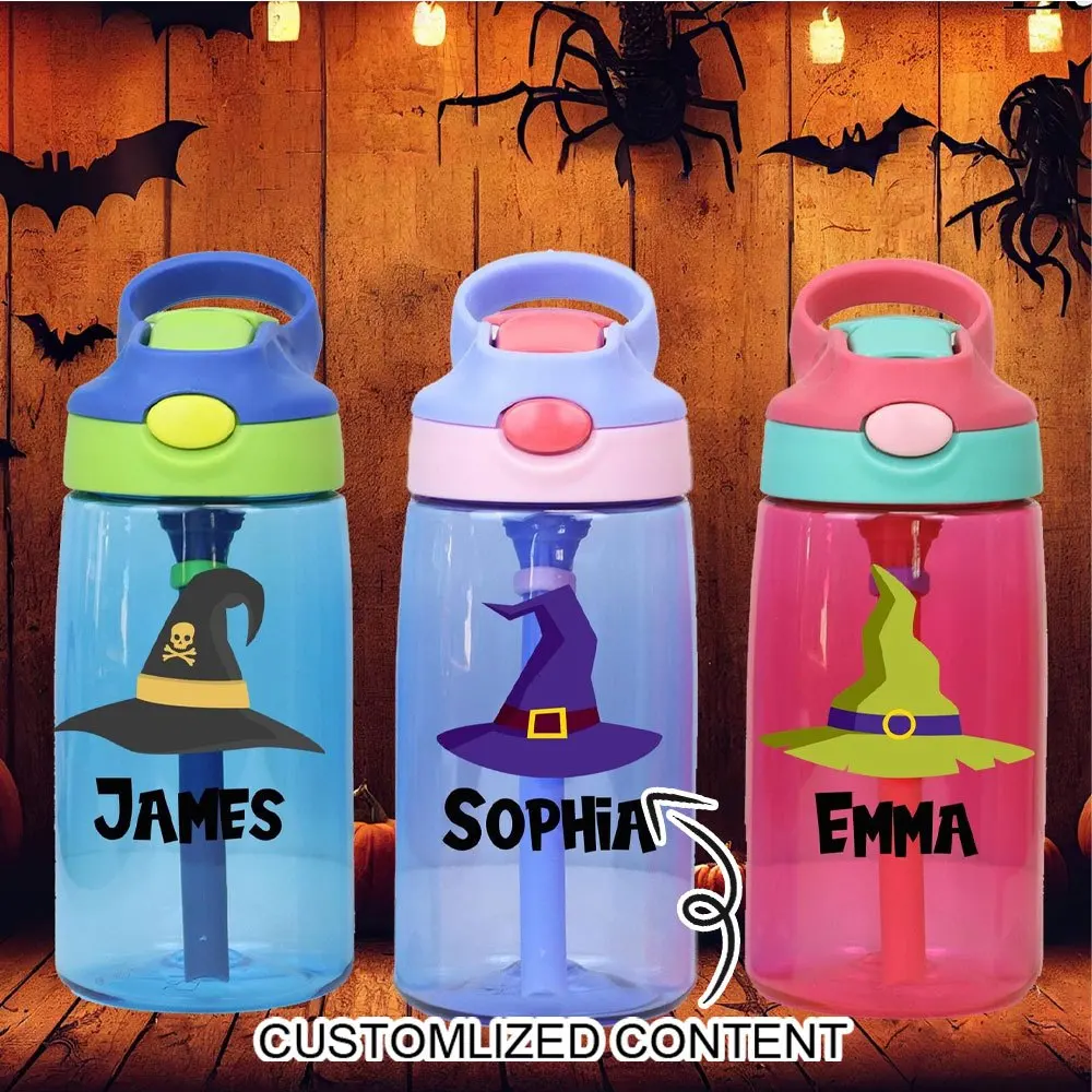 Cute Kids Halloween Water Bottle Custom Name Witch Hat Print Leak Proof Flip Straw Cup Back To School Kids Birthday Party Gift.