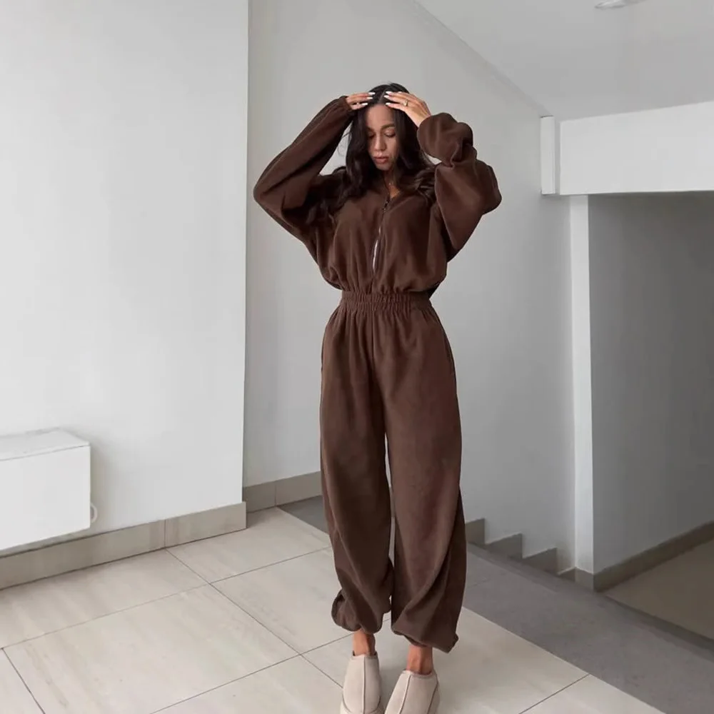 Autumn and Winter Women's New Fashion Long-sleeved Jumpsuit Ladies Casual Half-open Elastic Waist Jumpsuit