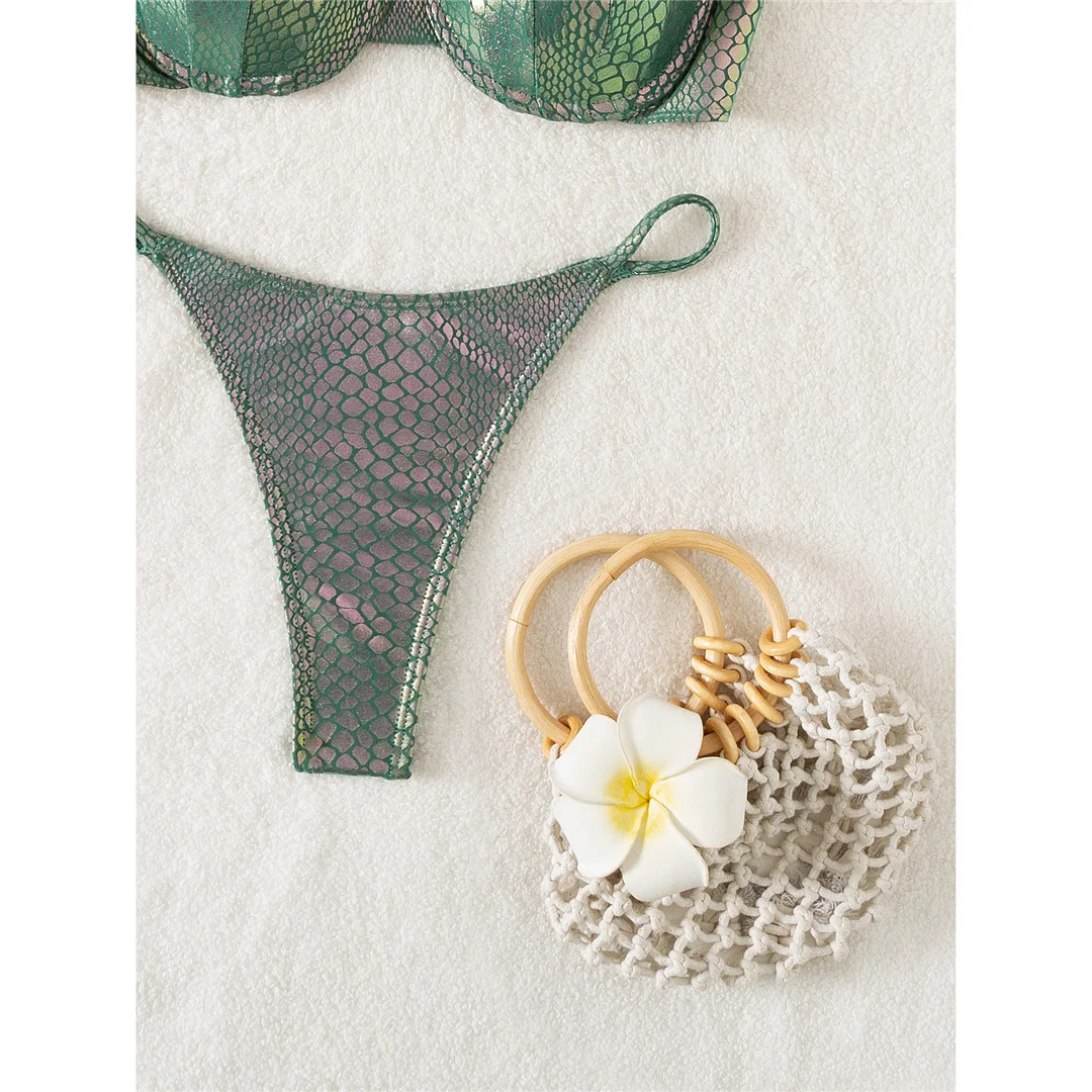 Bikini mit Schlangenhautmuster und Rüschen, Damen-Badeanzug, zweiteiliges Bikini-Set, BH-Cup, Badebekleidung, Badeanzug, Modell V4650. – Detail 19