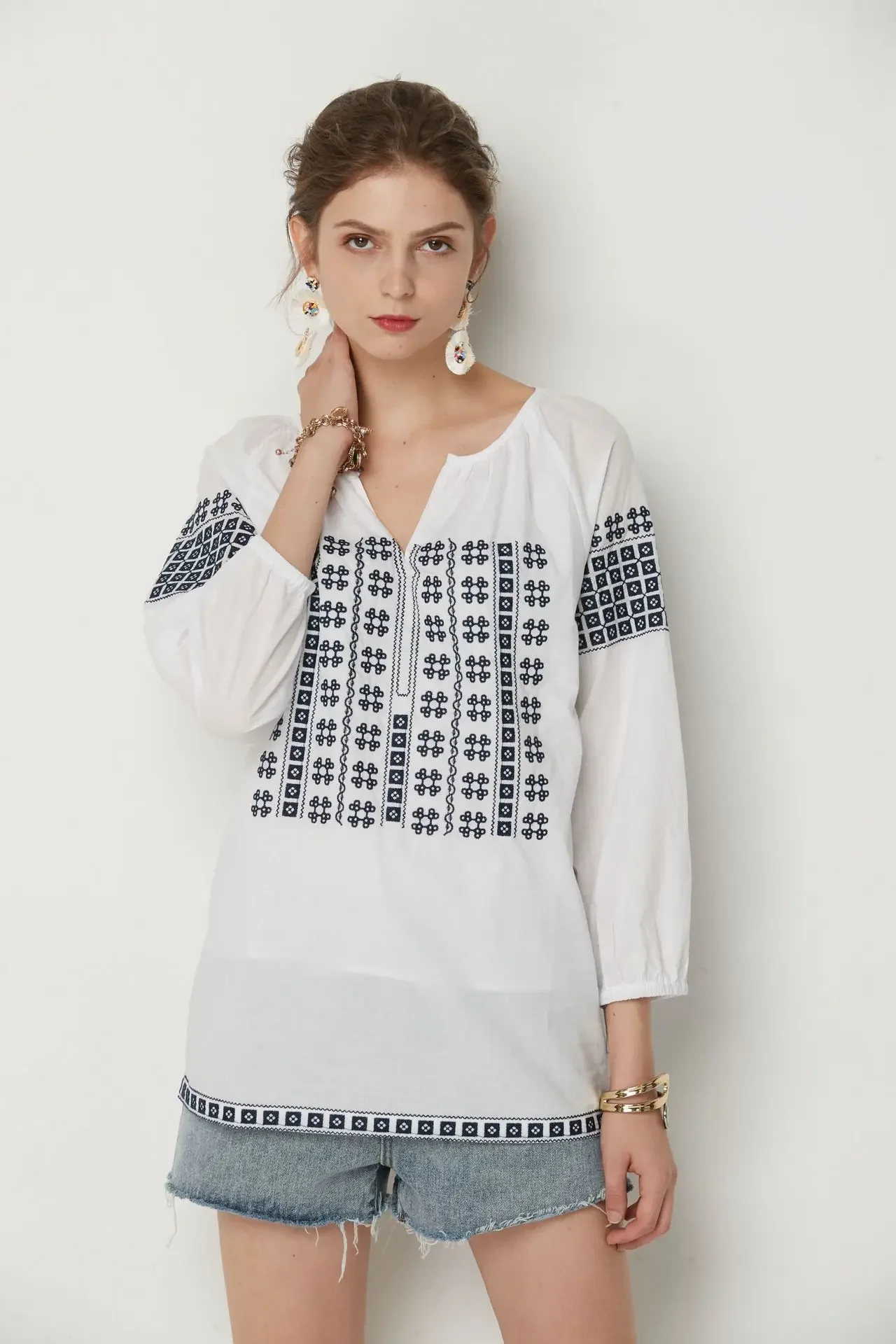 TEELYNN White Bohemia Tops Cotton Embroidery 2024 Autumn Blouse Shirt Women Casaul Loose V Neck Boho Pullover Camisas Mujer