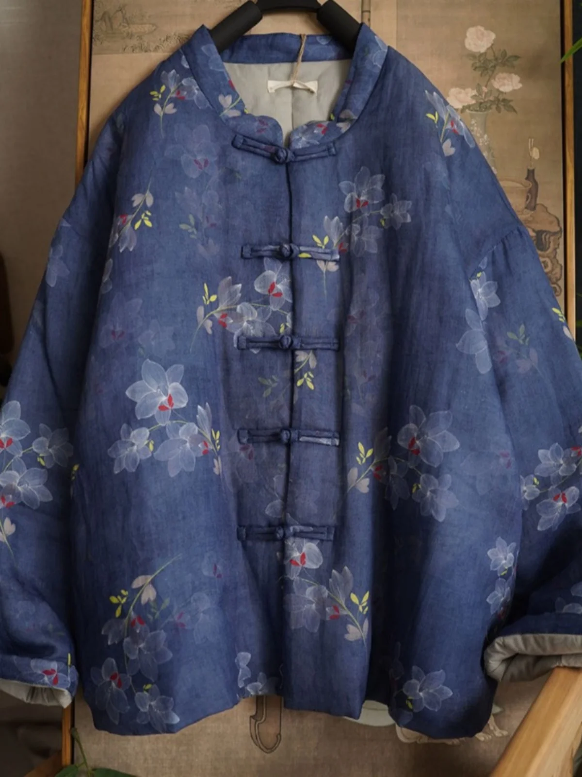 

Retro Chinese Sle Printed Cotton Jaet Women's Thiened Warm Coat Button Closure Long Sve Stand Collar Winter Outerwear