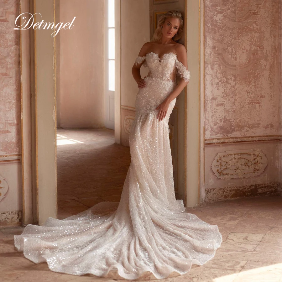 

Detmgel Новое изысканное свадебное платье без бретелек с вырезом русалки и короткими рукавами, блестящие кружевные цветы, со шлейфом, Vestido De Noiva по индивидуальному заказу