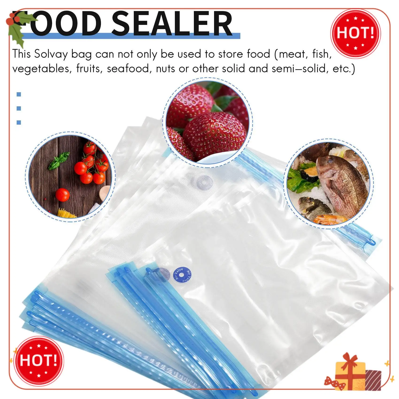 ABLE-Sous Vide Bags 20팩 재사용 가능한 전기 진공 식품 보관 1 핸드 펌프, 3 크기 밀봉 가방, 4 클립 포함 실러 쿠커 저장