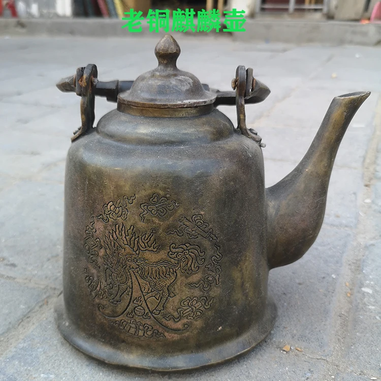 

antique pure copper Kirin portable kettle teapot old copper pot Kangxi six years old. luxury home decor