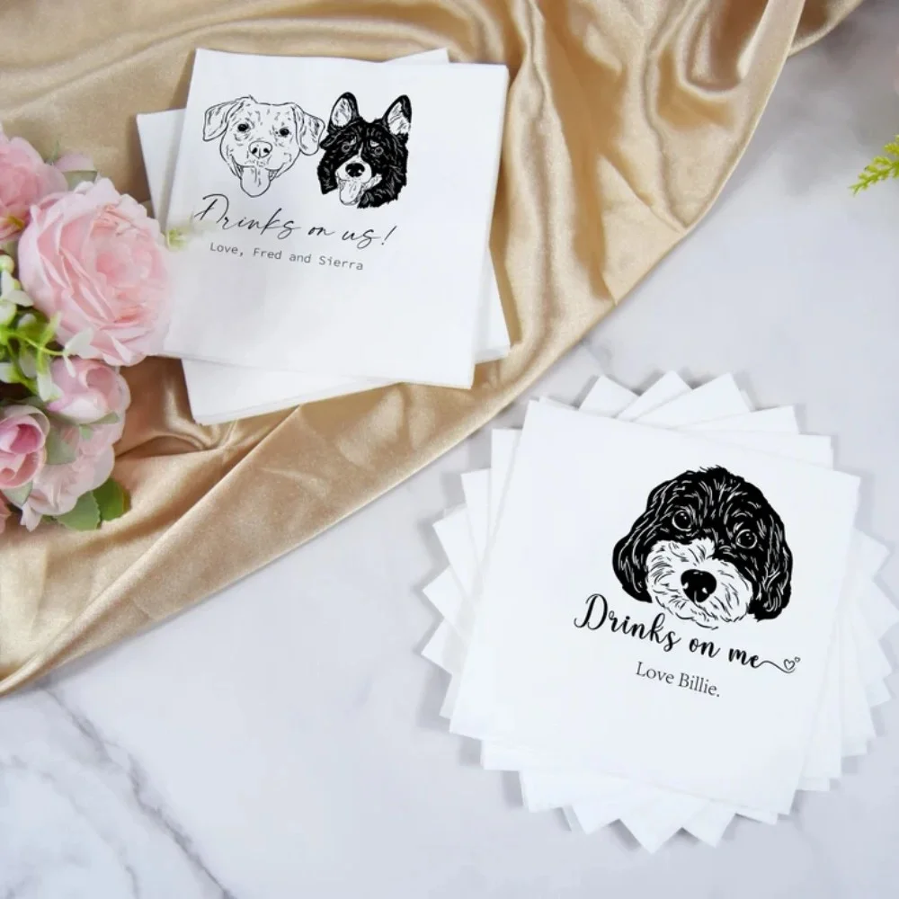 80 pcs Custom Illustrated Dog Wedding Napkins|Custom Pet Wedding Napkins|Custom Paper Napkins|Custom Engagement Napkins