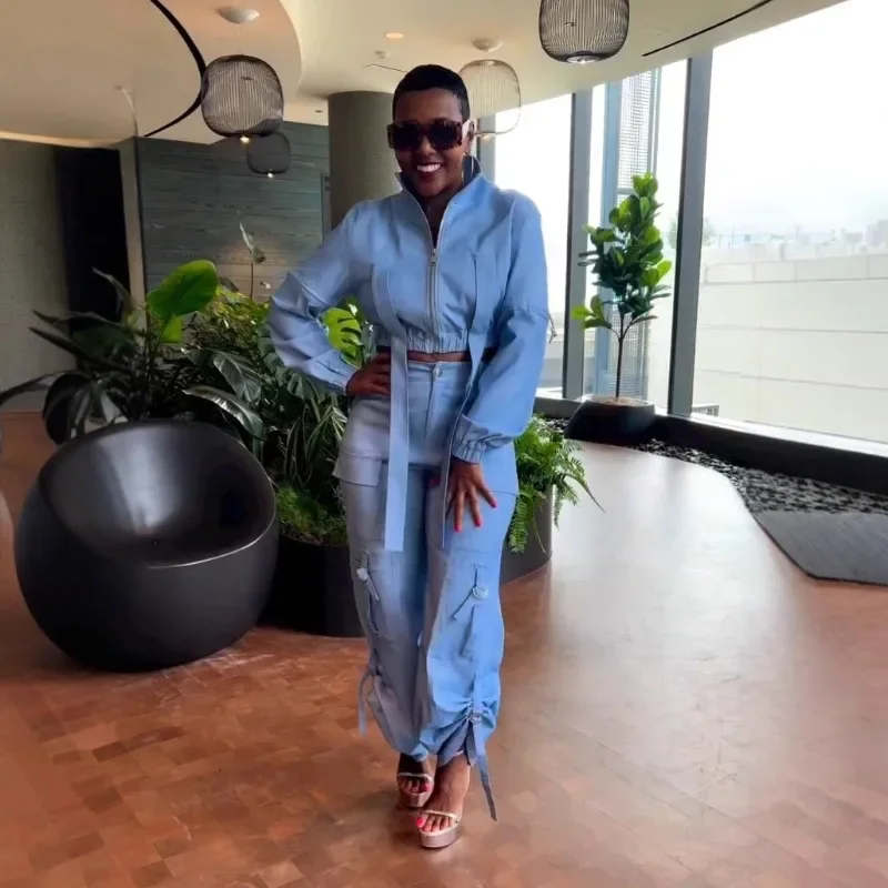 Streetwear Dwuczęściowy zestaw dla kobiet Odzież Zamek błyskawiczny Kurtka z golfem Wstążka Top i spodnie Cargo Dopasowane zestawy Stroje Dresy