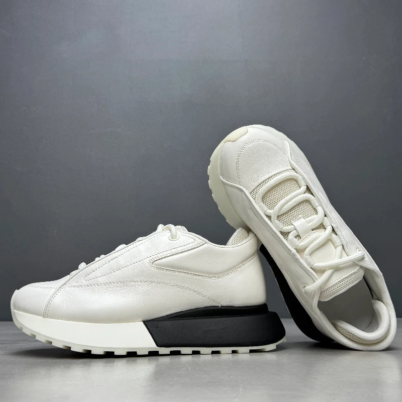 Genuine Leather Casual Sneakers White Shoes for Men's Thick-soled Heightening Shoe Comfortable Breathable Hand-sewn Sports Shoes