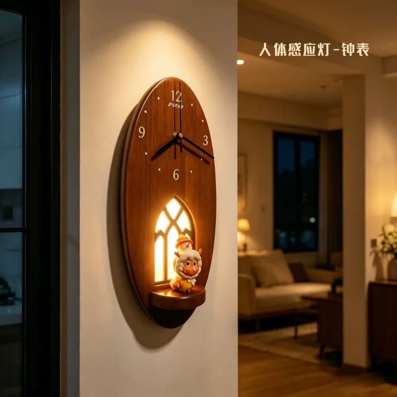 Designer Creative Wooden Clock Sensor Wall Lamps Atmoshere Decorative Luminaire Living Room Staircase Corridor Background Lights